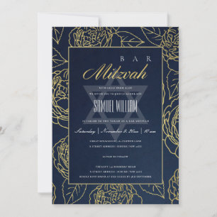 LUXUS NAVY GOLD ROSE BLUMEN BAT MITZVAH EINLADUNG