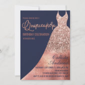 Luxus Navy Rose Gold Glitzer Kleid Quinceañera Einladung (Vorderseite)