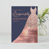 Luxus Navy Rose Gold Glitzer Kleid Quinceañera Einladung (Stehend Vorderseite)