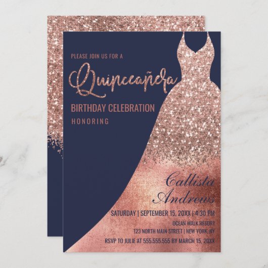 Luxus Navy Rose Gold Glitzer Kleid Quinceañera Einladung (Vorne/Hinten)
