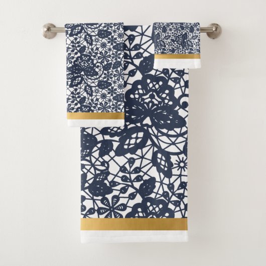 LUXUS NAVY WHITE LACE GOLD BADEZIMMER TOWEL SET 2 (Insitu)