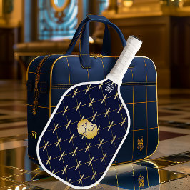 Luxus-Navyblau- und Goldgitter-Monogramm Pickleball Schläger