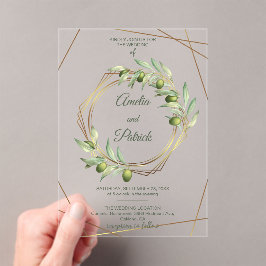 Luxus-Olivenzweig-Geometrie-Goldene Hochzeit Acryleinladungen