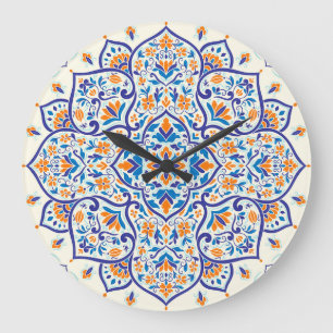 Luxus-Orange-Blau-Ornamentmuster Große Wanduhr