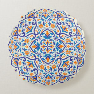 Luxus-Orange-Blau-Ornamentmuster Rundes Kissen