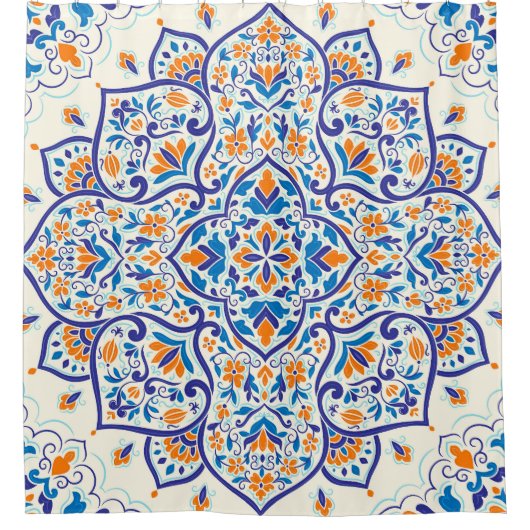 Luxus Orange Blue Ornament Muster Duschvorhang (Vorderseite)