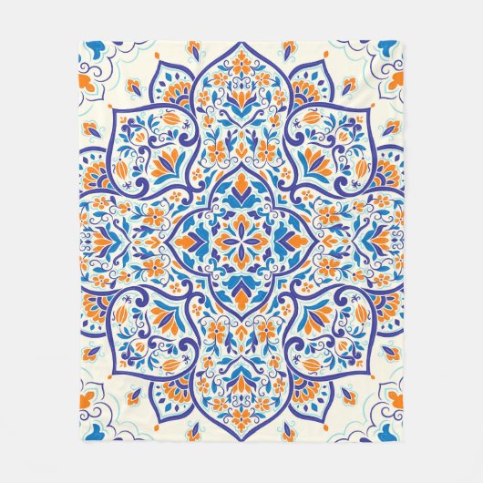 Luxus Orange Blue Ornament Muster Fleecedecke (Vorderseite)