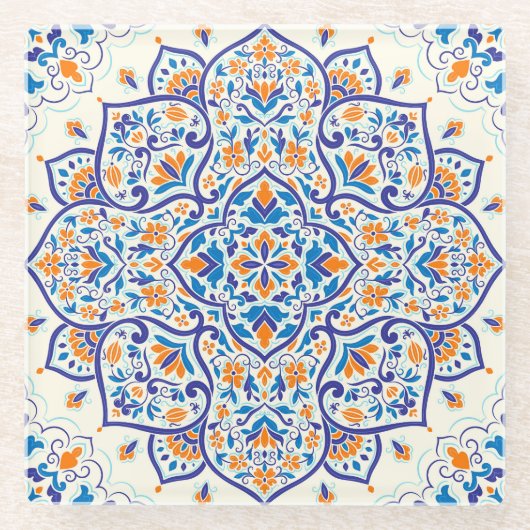 Luxus Orange Blue Ornament Muster Glasuntersetzer (Vorderseite)