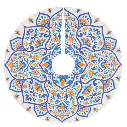 Luxus Orange Blue Ornament Muster Polyester Weihnachtsbaumdecke (Vorderseite)