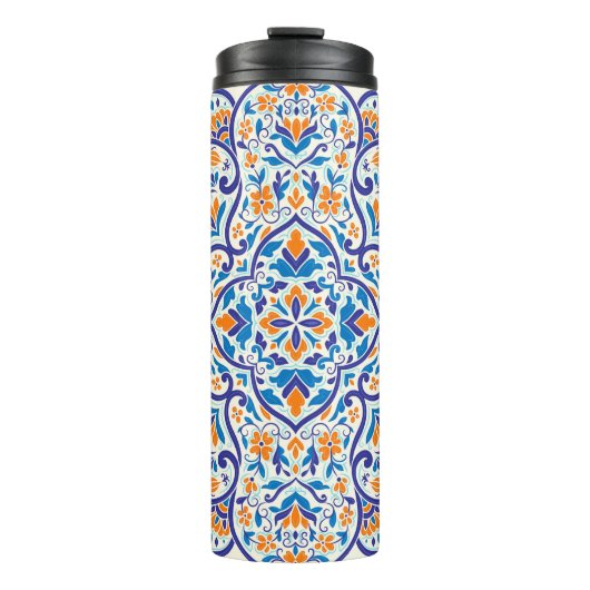 Luxus Orange Blue Ornament Muster Thermosbecher (Vorderseite)