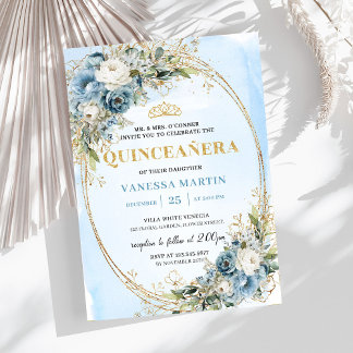 Luxus-Pastellblau-Gold-Eukalyptus-Quinceañera Einladung