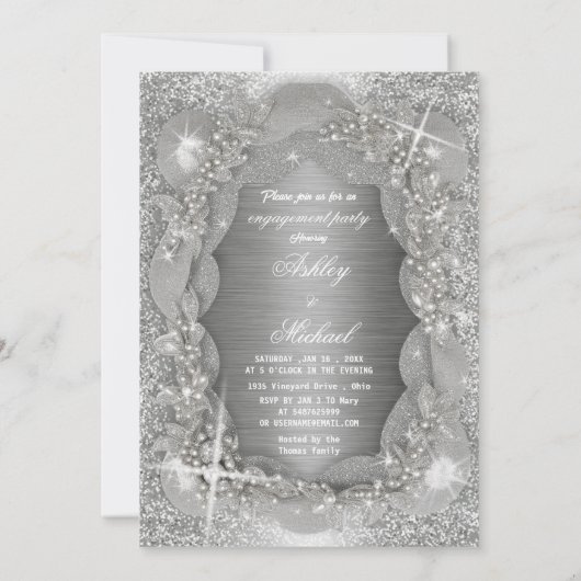 Luxus Perlen Folie silber feminine funkelnd Glanz Einladung (Rückseite)