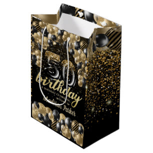 Luxus Personalisiert 50. Geburtstag Schwarzes Gold Mittlere Geschenktüte