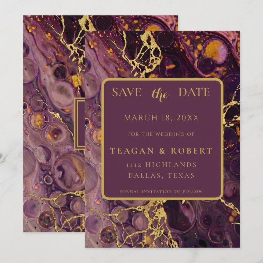 Luxus-Pflaume-Lila-Marmor Save The Date (Vorne/Hinten)