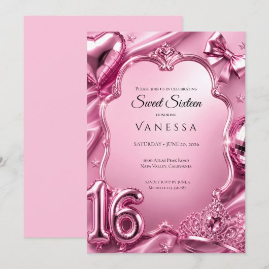 Luxus Pink Sweet 16 Einladung (Vorne/Hinten)