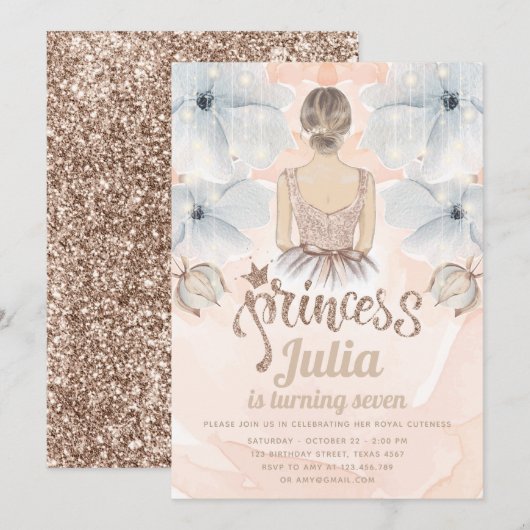 Luxus Princess Birthday Party Beige Glitzer Einladung (Vorne/Hinten)