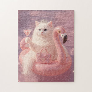 Luxus-Prinzessin-Katze auf rosa Flamingo-Pool-Schw Puzzle