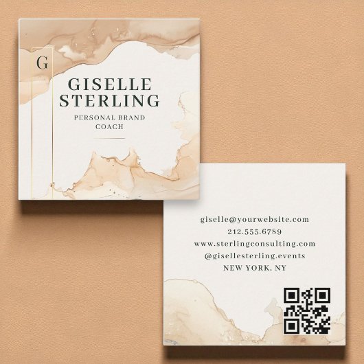 Luxus QR Code Beige Wasserfarbe Gold Foil Quadratische Visitenkarte