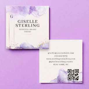 Luxus QR Code Lila Watercolor Goldfolie Quadratische Visitenkarte