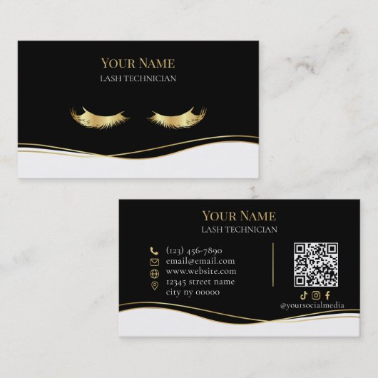 Luxus-QR-Code Schwarz und Gold Wimperntechnikerin Visitenkarte (Vorne/Hinten)