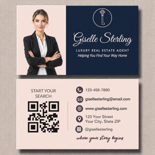Luxus Real Anwesen Agent Navy Blush Foto QR Code Visitenkarte
