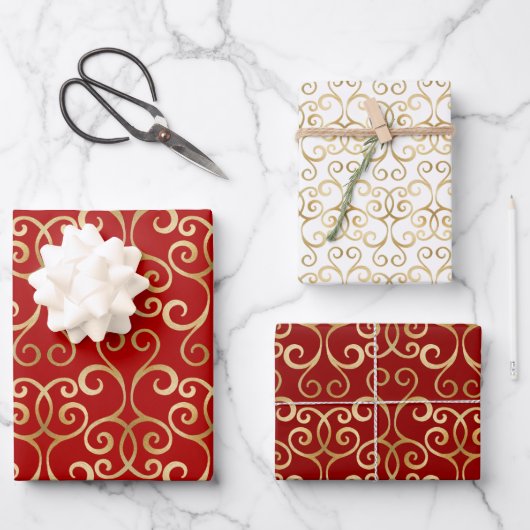 LUXUS RED AND GOLD CHRISTMAS DAMASK PERSONALISIERT GESCHENKPAPIER SET (Vorderseite)