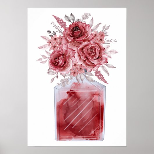 Luxus Red Glam Floral Watercolor Parfüm Flasche Poster (Vorne)