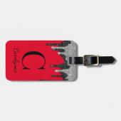 Luxus Red Silver Black Glitzer Tropfen Monogram Gepäckanhänger (Vorderseite horizontal)