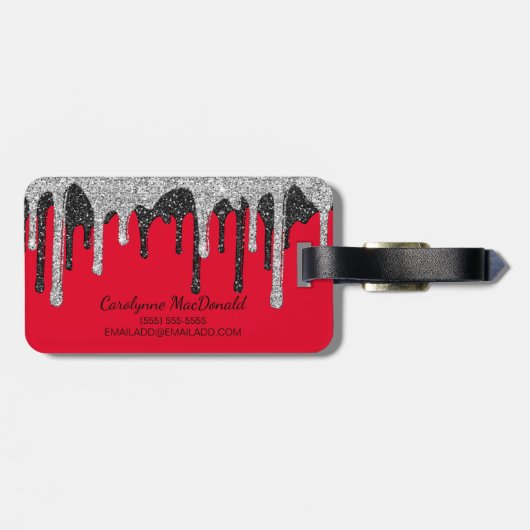 Luxus Red Silver Black Glitzer Tropfen Monogram Gepäckanhänger (Rückseite horizontal)