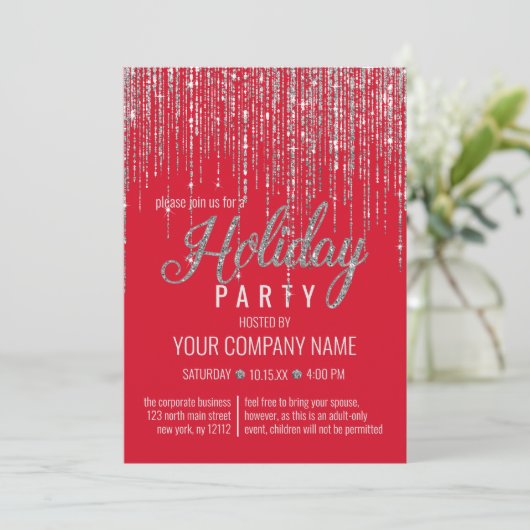 Luxus Red Silver Glitzer Fringe Corporate Holiday Einladung (Stehend Vorderseite)