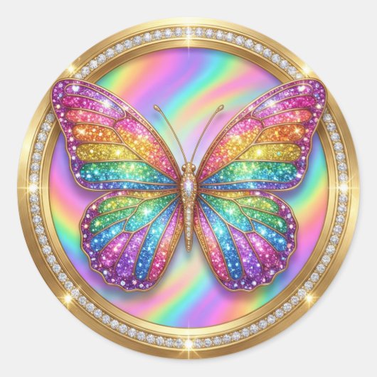 Luxus-Regenbogen-Glitter-Schmetterling Runder Aufkleber (Vorderseite)