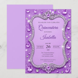 Luxus-Rhinstones Lila Glitter Quinceañera Einladung