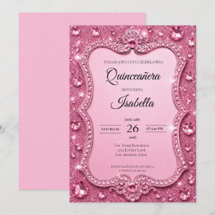 Luxus-Rhinstones Pink Glitter Quinceañera Einladung