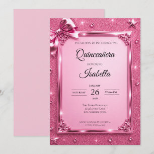 Luxus-Rhinstones Pink Glitter Quinceañera Einladung