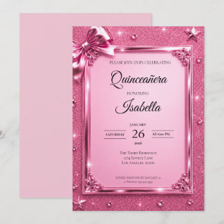 Luxus-Rhinstones Pink Glitter Quinceañera Einladung
