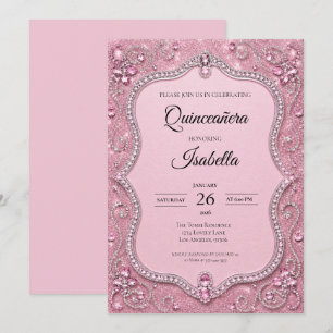 Luxus-Rhinstones Pink Glitter Quinceañera Einladung