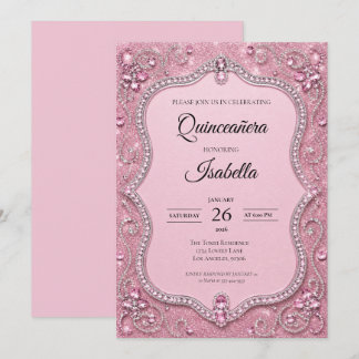 Luxus-Rhinstones Pink Glitter Quinceañera Einladung