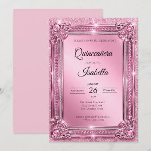 Luxus-Rhinstones Pink Glitter Quinceañera Einladung