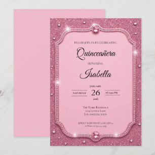 Luxus-Rhinstones Pink Glitter Quinceañera Einladung