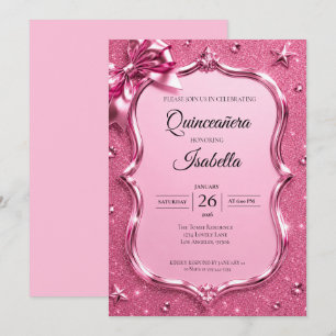 Luxus-Rhinstones Pink Glitter Quinceañera Einladung