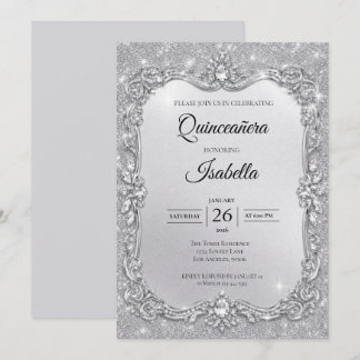 Luxus-Rhinstones Silber-Glitter Quinceañera Einladung