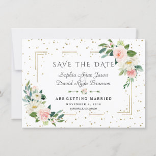 Luxus-Rosa-Blumen-Goldrahmen-Konfetti-Hochzeit Save The Date