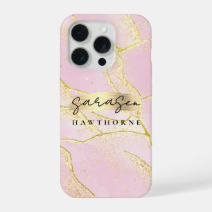 Luxus-Rosa-falsche Goldfolie-Monogramm-Pinselstric iPhone 15 Pro Hülle
