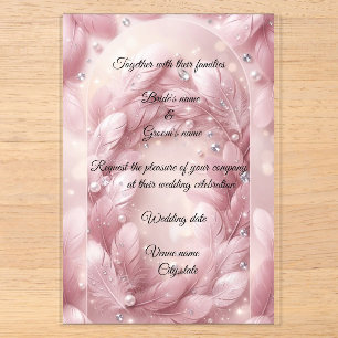 Luxus-Rosa-Feder- und Diamant-Torbogen-Hochzeit Acryleinladungen