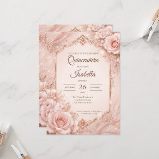 Luxus-Rosa-Gold-Quinceañera Einladung