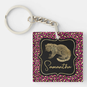 Luxus Rosa Leoparden Druck Gold Tier Monogramm Schlüsselanhänger