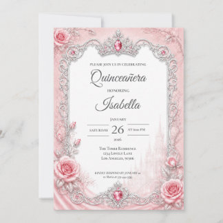 Luxus-Rosa-Silber-Prinzessin-Quinceañera Einladung