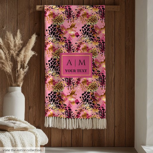 Luxus-Rosa-Wasserfarbe-Leopardenfell-Monogramm-Dec Fleecedecke