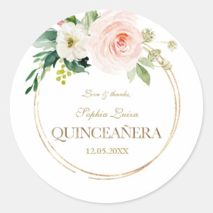 Luxus Rosa Weiße Blume Gold Quinceañera Runder Aufkleber