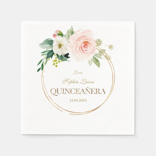 Luxus Rosa Weiße Blume Gold Quinceañera Serviette (Vorderseite)